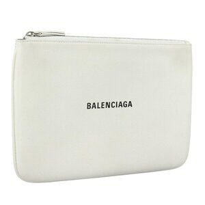 BALENCIAGA Pouch Leather White Silver Auth
